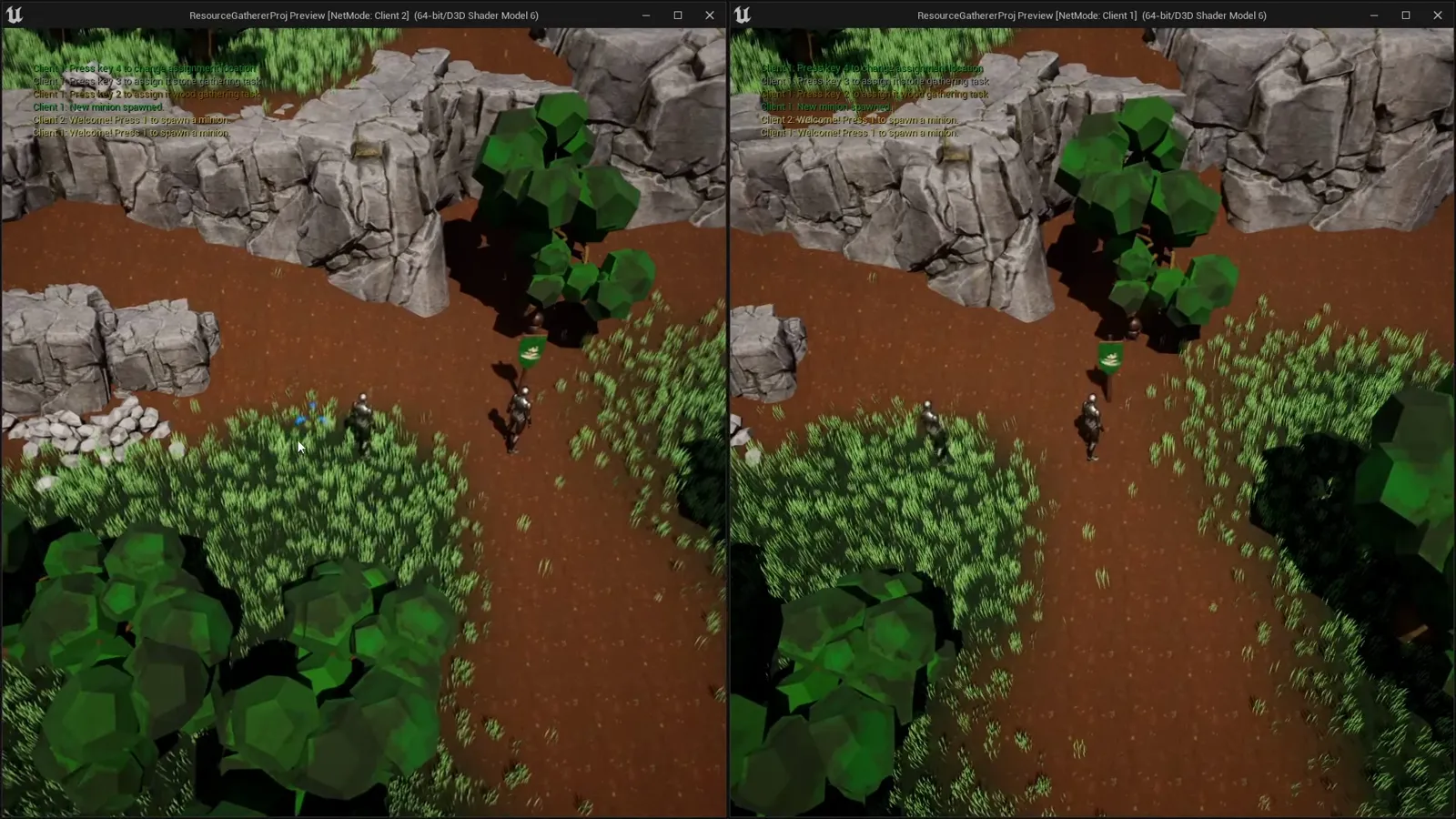 Autonomous worker minions gathering resources in a top-down Unreal Engine scene, shown in a side-by-side multiplayer client view