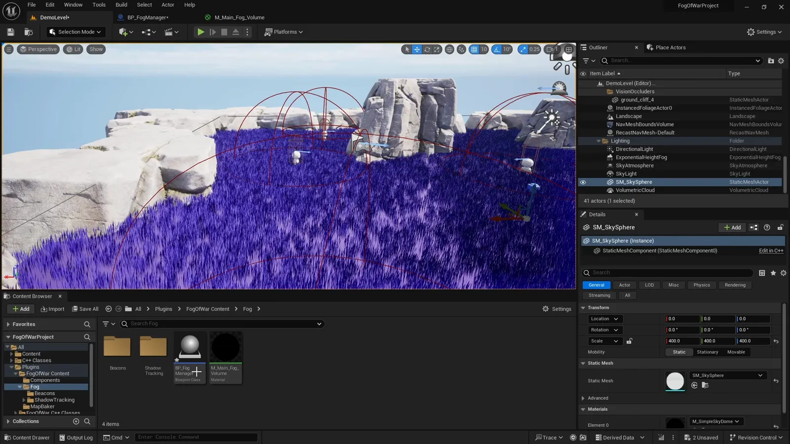 BP_FogManager actor selected in the Unreal Engine level outliner