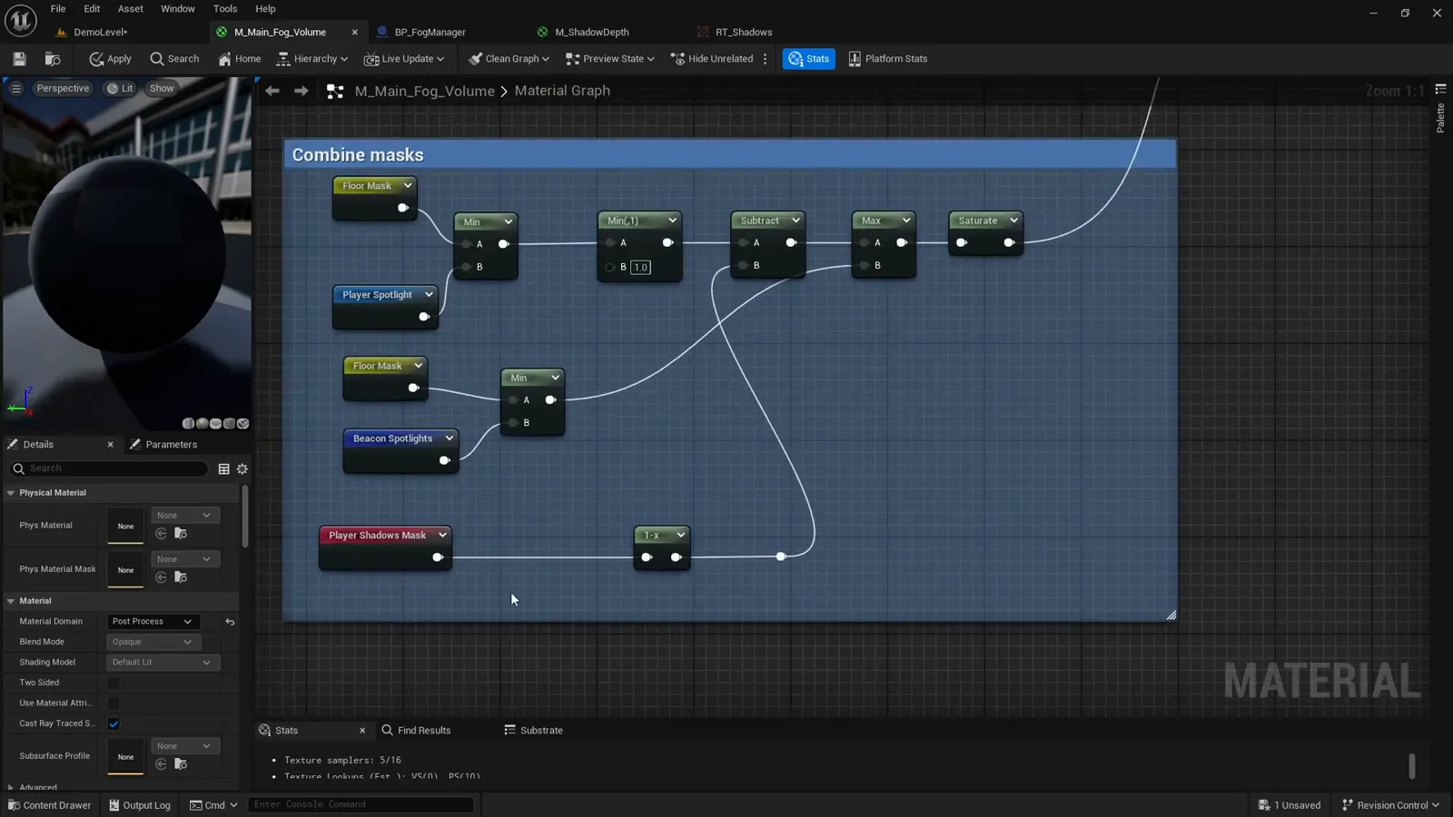 The combine masks section of the material graph with the player shadow mask layer highlighted
