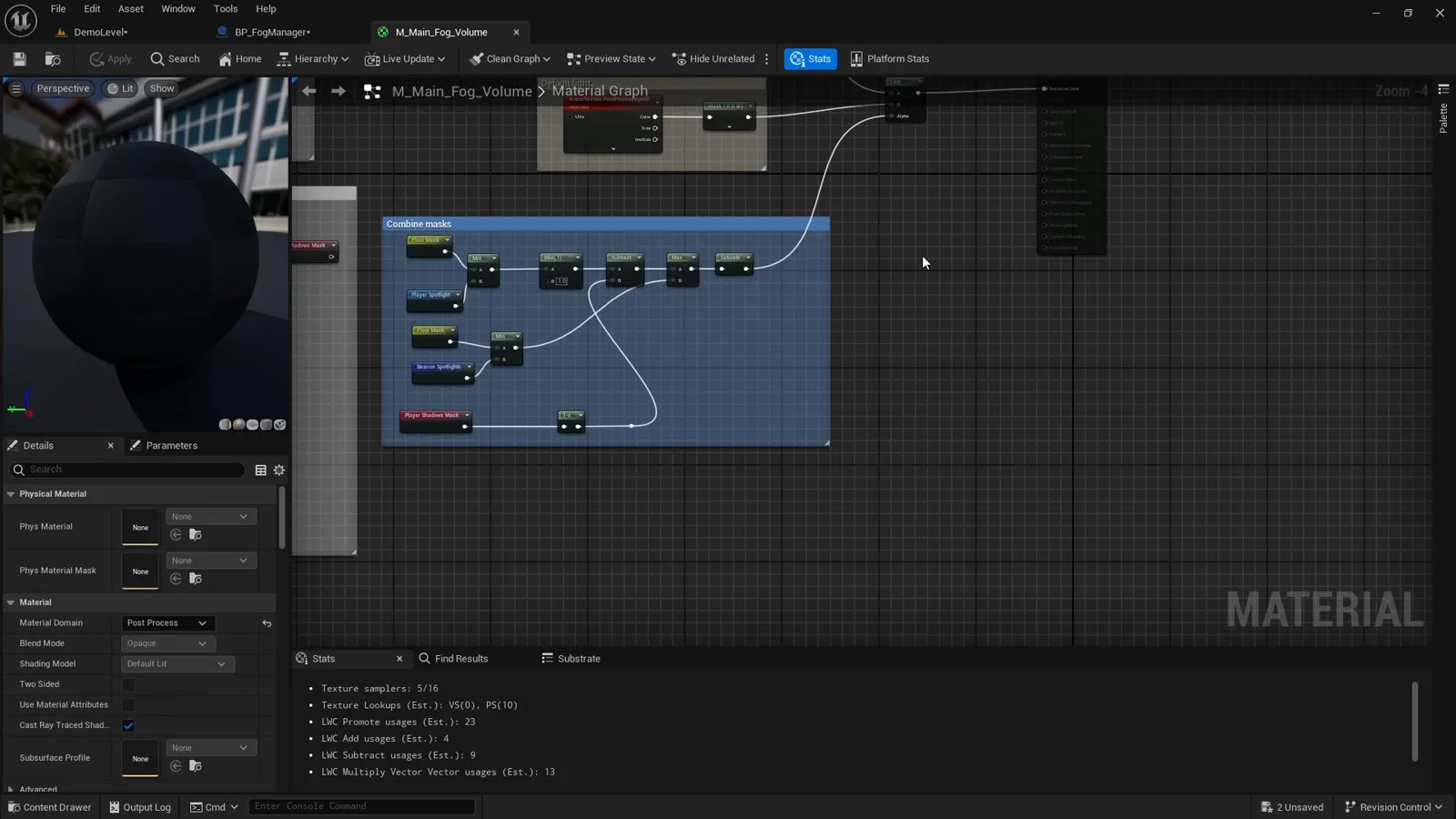 The fog of war post-process material graph in the Unreal Engine material editor