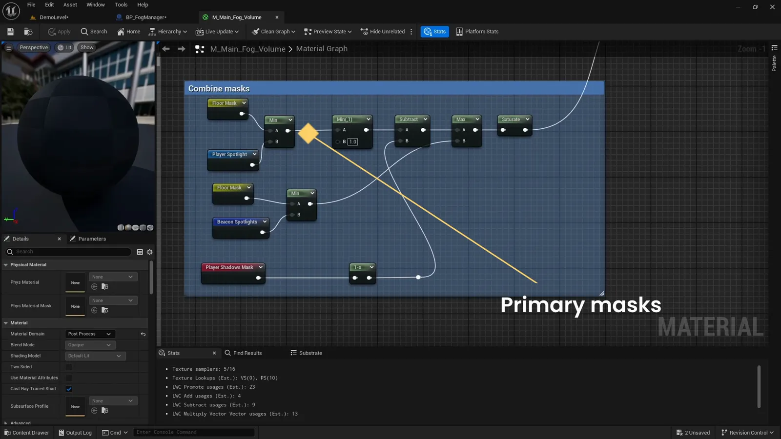 The combine masks section of the material graph, with the floor mask and player spotlight labelled as the primary masks