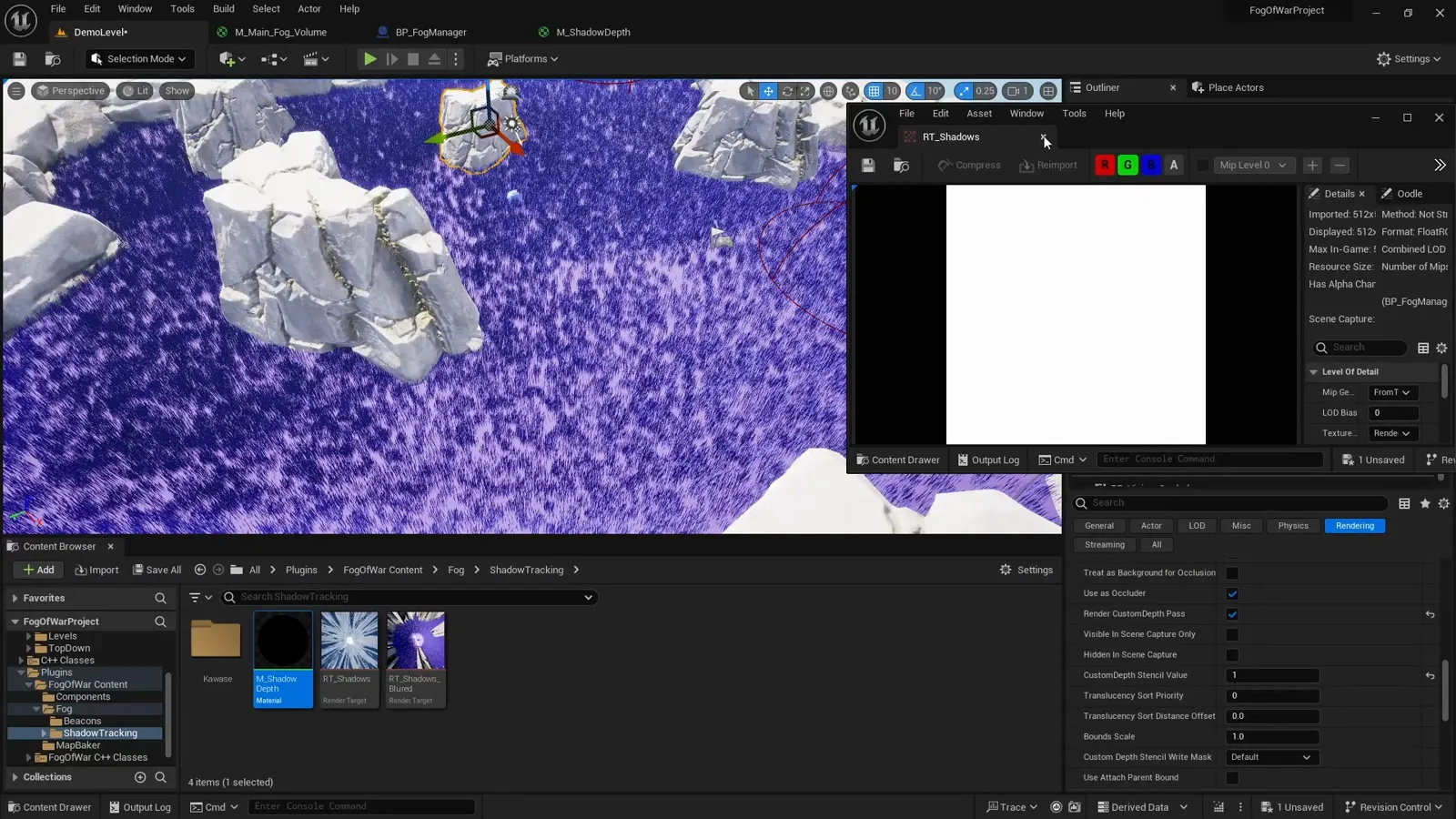 The shadow render target sampled in the main fog material and applied across the world