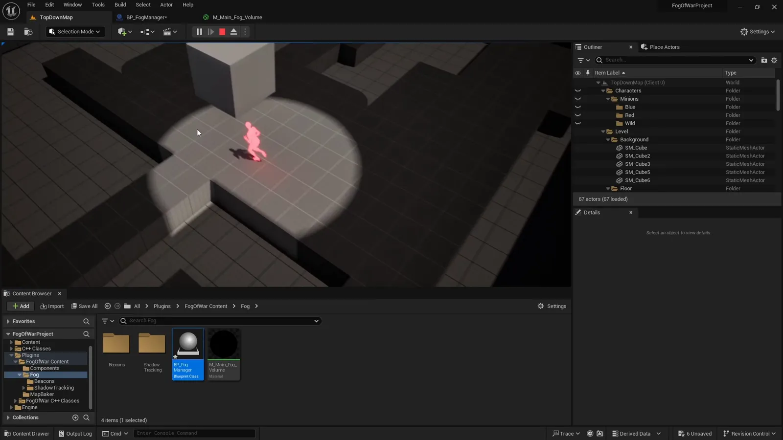 The finished fog of war effect: a spotlight lighting the floor around the player in the Unreal editor