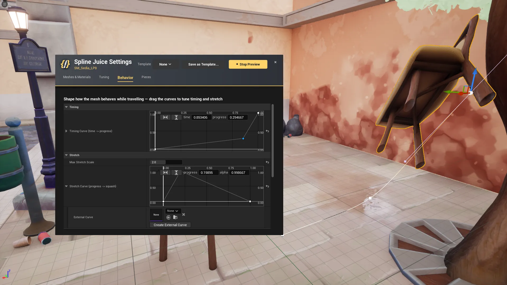 Editable control curves that art-direct the timing and shape of the deformation