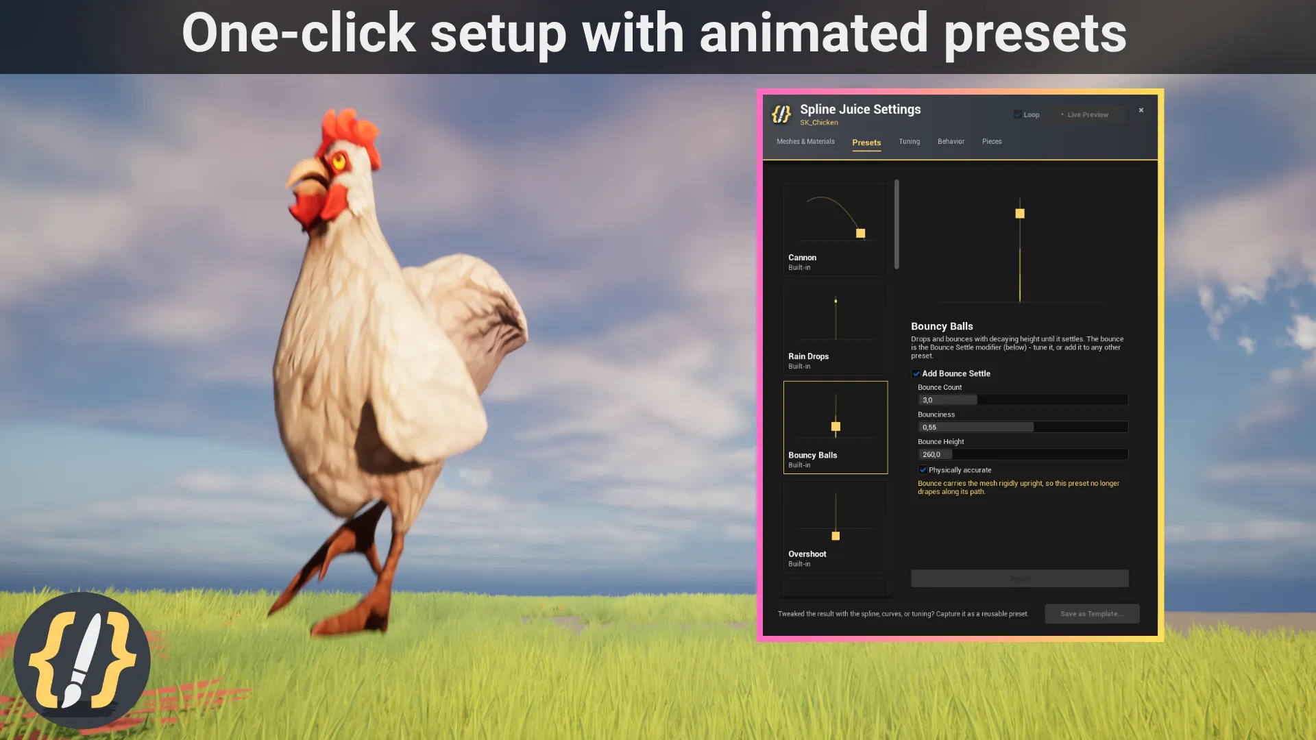 The Spline Juice Presets tab in Unreal Engine with the Bouncy Balls preset selected and its Add Bounce Settle options, beside an animated chicken