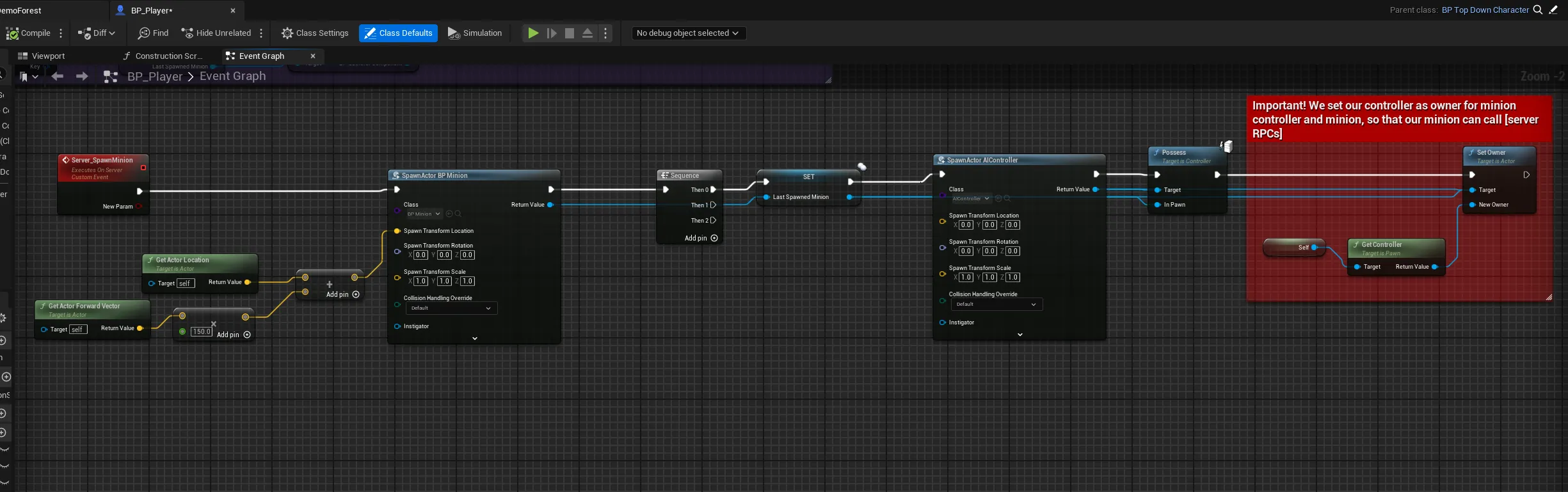 The player Blueprint setting the minion's owner to the player controller, with a note that this is required so the minion can call server RPCs