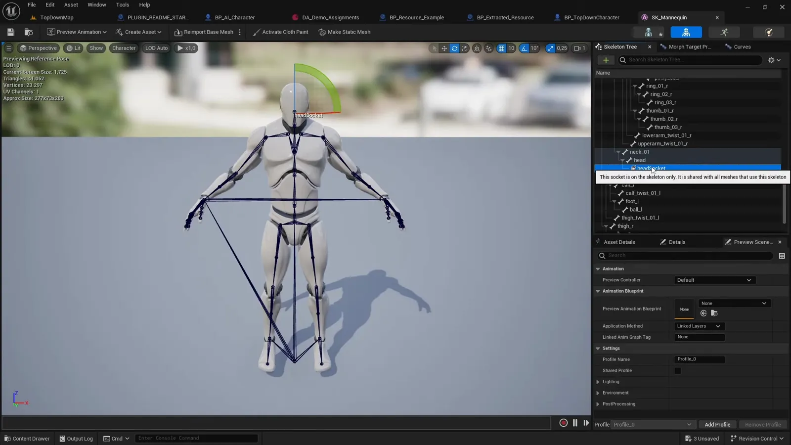 A socket added to the head bone of the worker's skeletal mesh in the Unreal skeleton editor