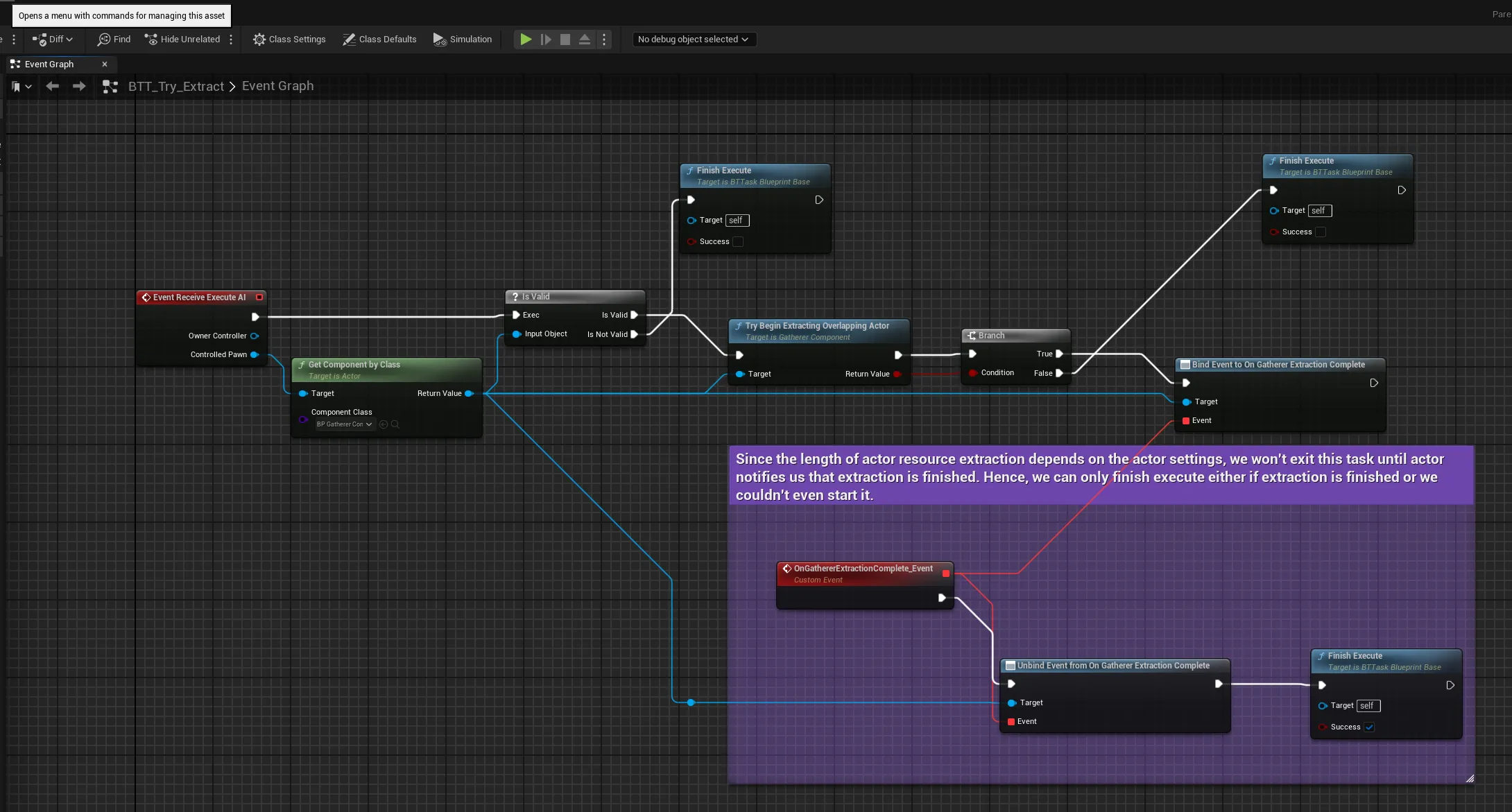 The try-extract Behavior Tree task, with a note explaining it does not finish until the resource notifies that extraction is complete